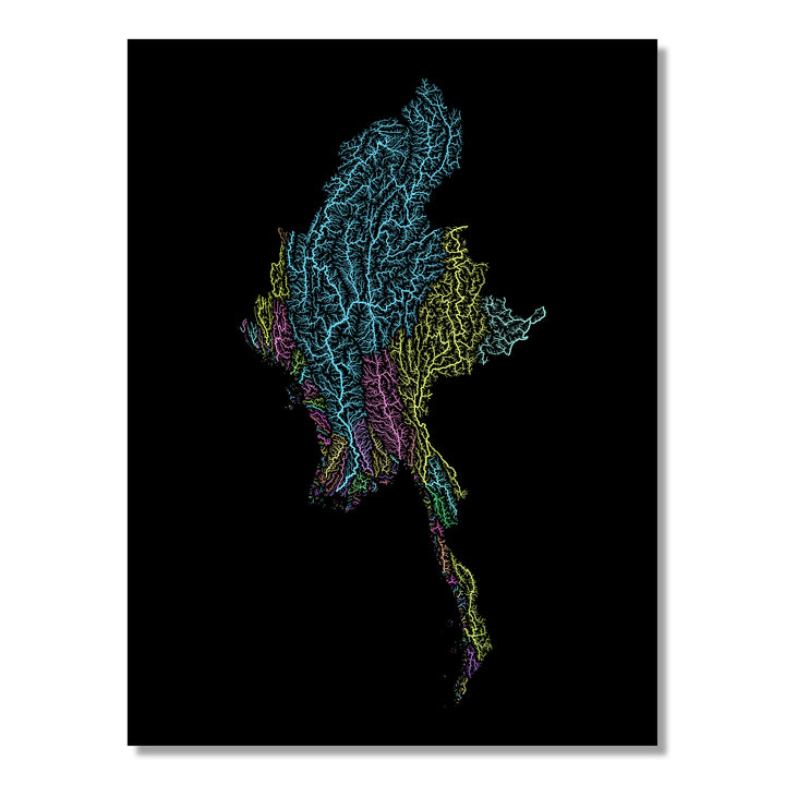 Myanmar - River basin map, pastel colours - Wall Art