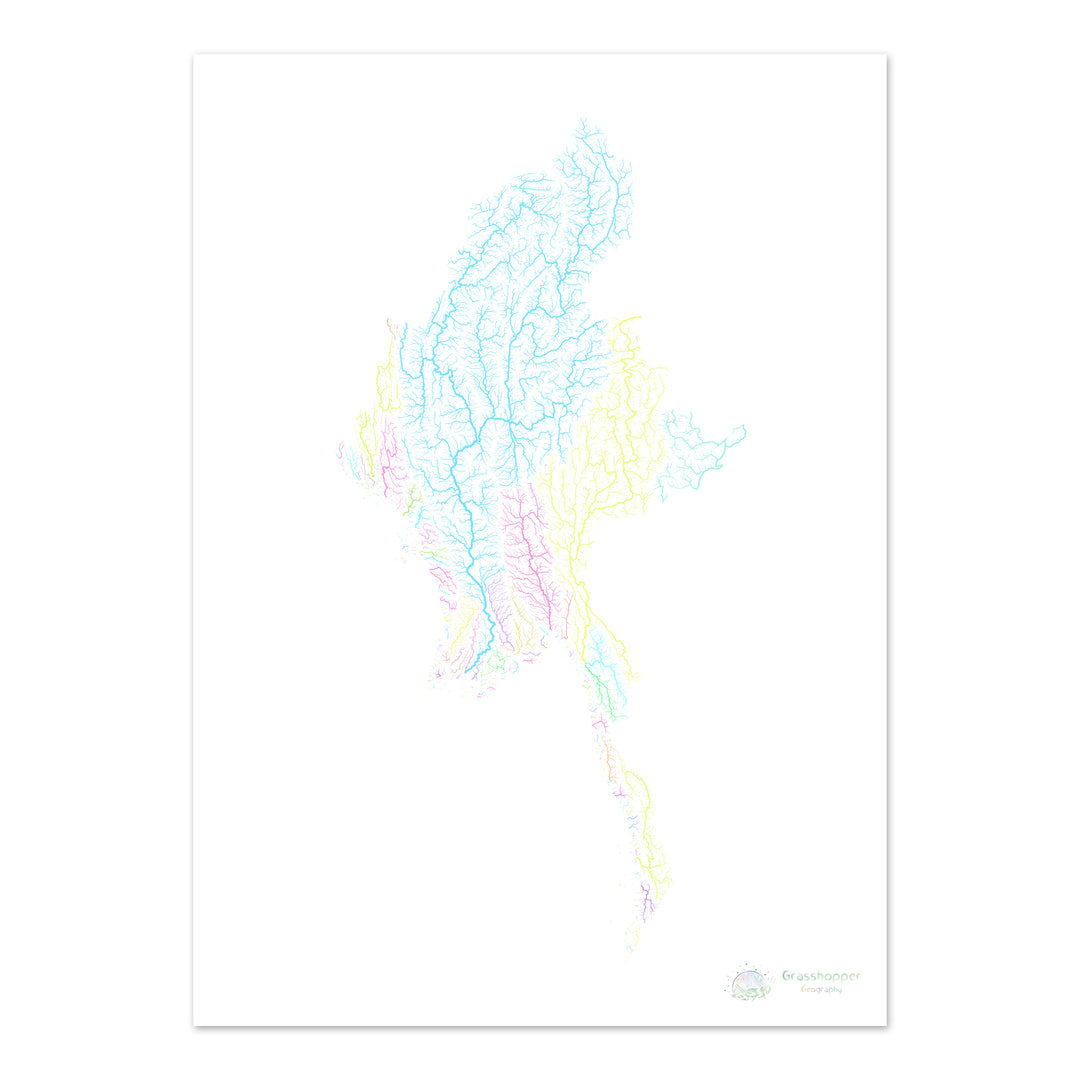 Myanmar - Carte des bassins fluviaux, pastel sur blanc - Fine Art Print