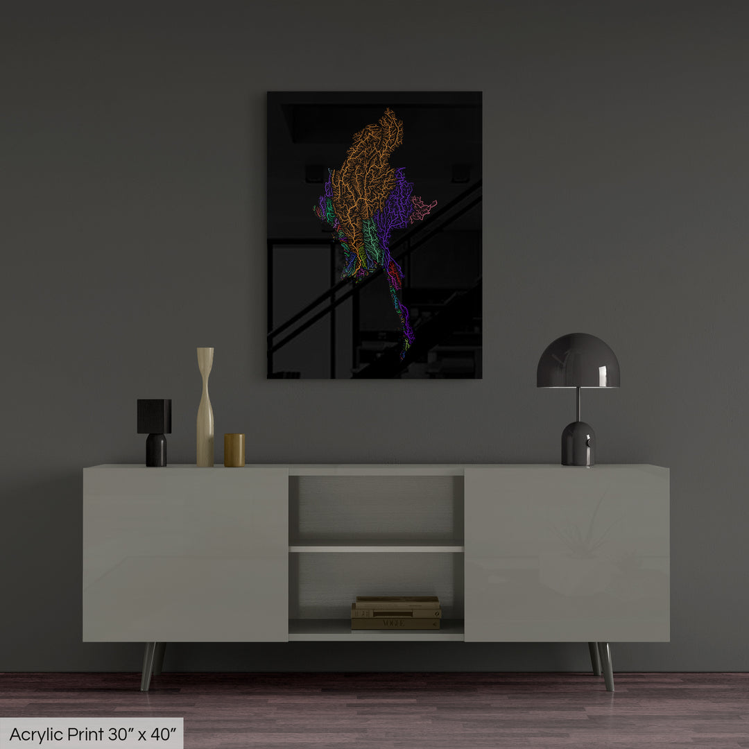 Myanmar - River basin map, rainbow colours - Wall Art