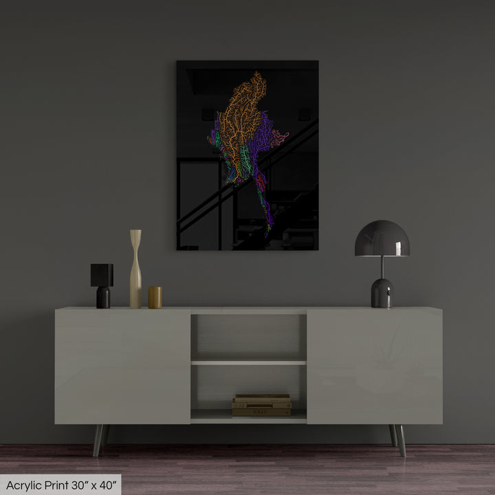 Myanmar - River basin map, rainbow colours - Wall Art