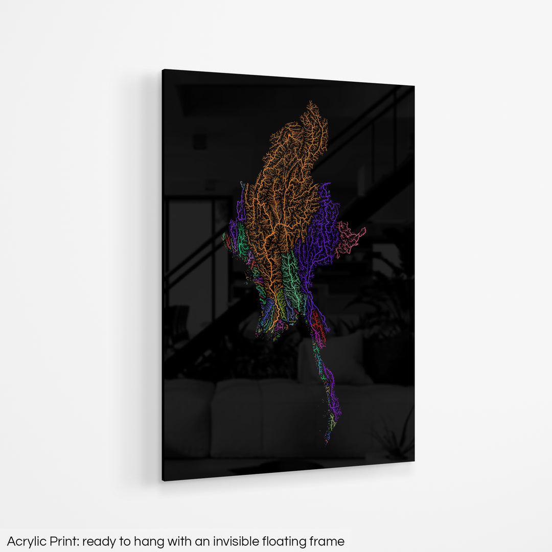 Myanmar - River basin map, rainbow colours - Wall Art