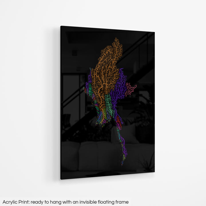 Myanmar - River basin map, rainbow colours - Wall Art
