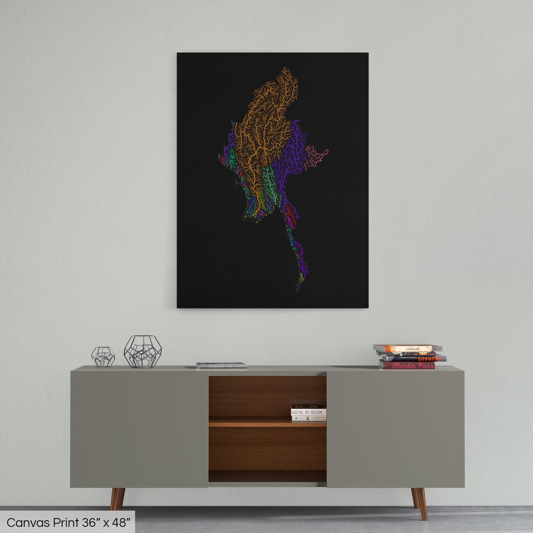 Myanmar - River basin map, rainbow colours - Wall Art