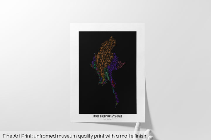 Myanmar - River basin map, rainbow colours - Wall Art