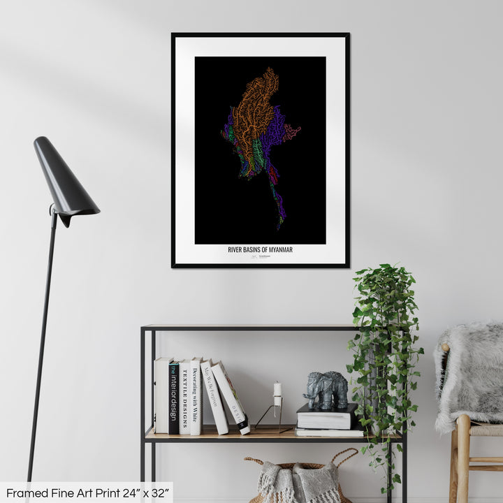 Myanmar - River basin map, rainbow colours - Wall Art