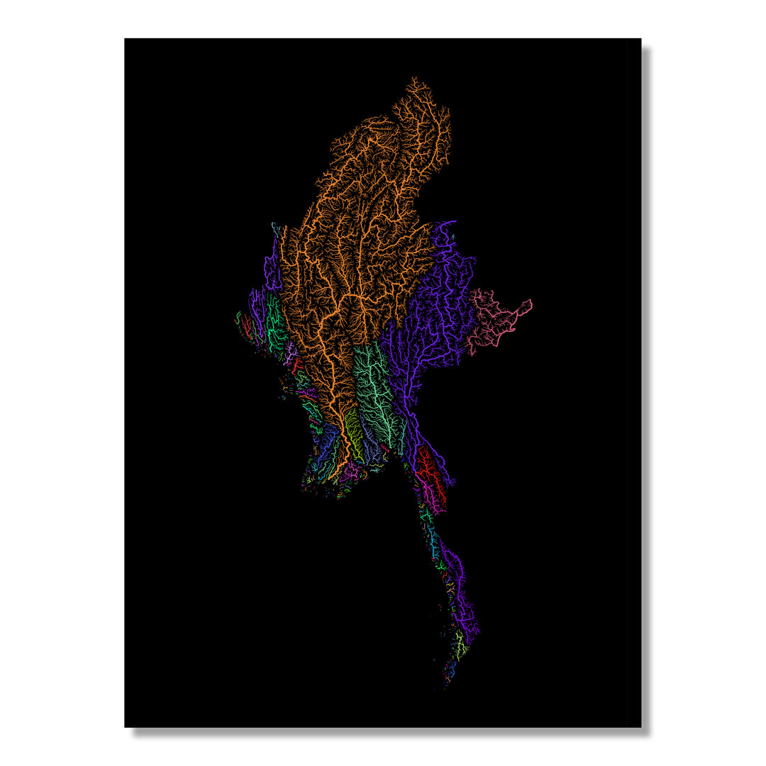 Myanmar - River basin map, rainbow colours - Wall Art