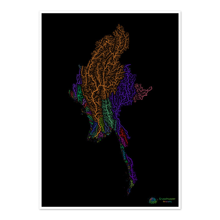 Myanmar - River basin map, rainbow on black - Fine Art Print