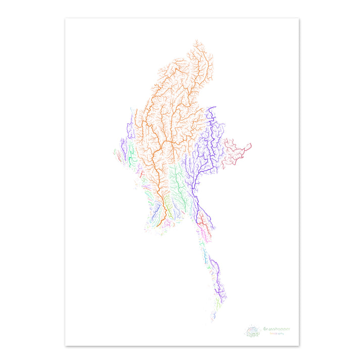 River basin map of Myanmar, rainbow colours on white - Fine Art Print