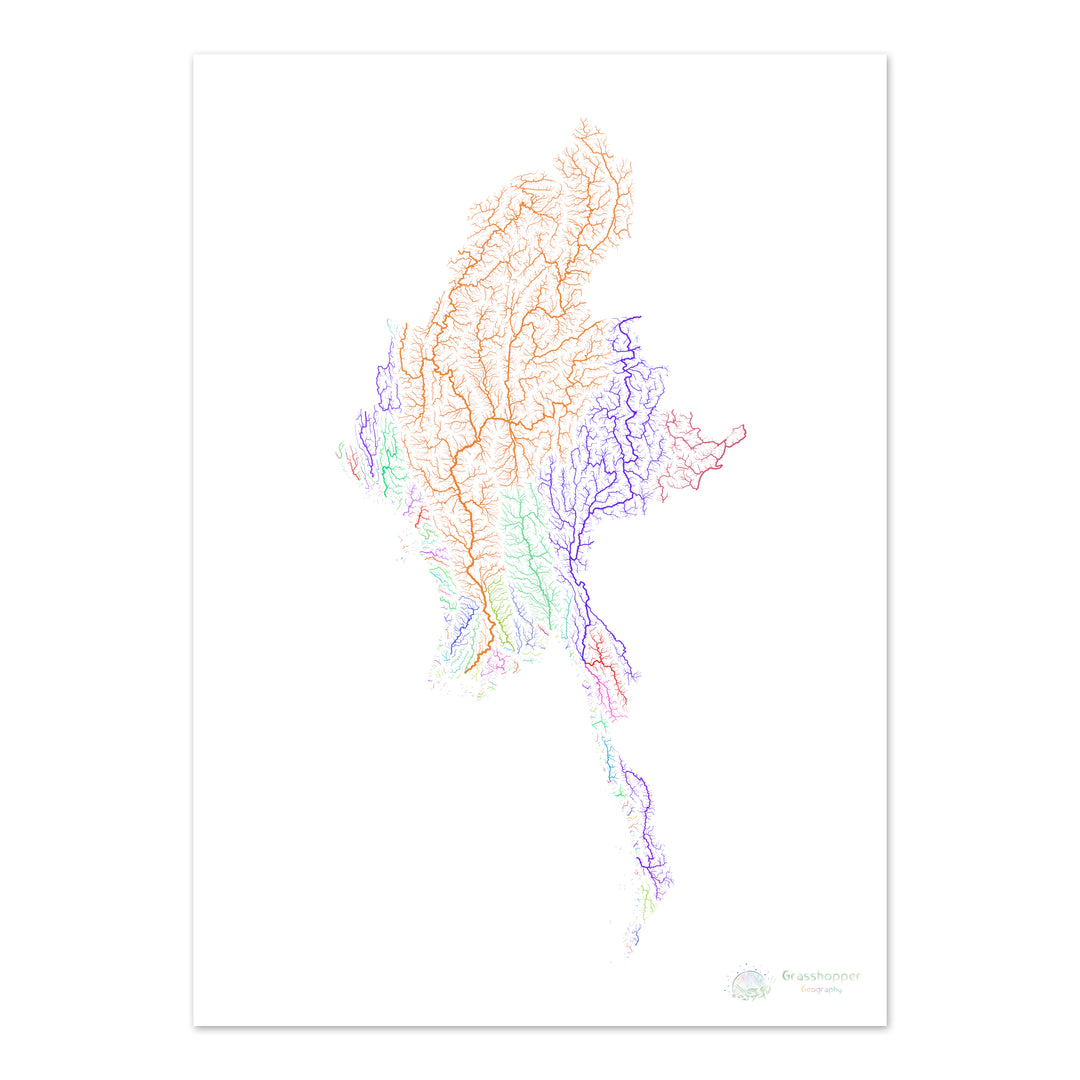 Myanmar - River basin map, rainbow on white - - Fine Art Print