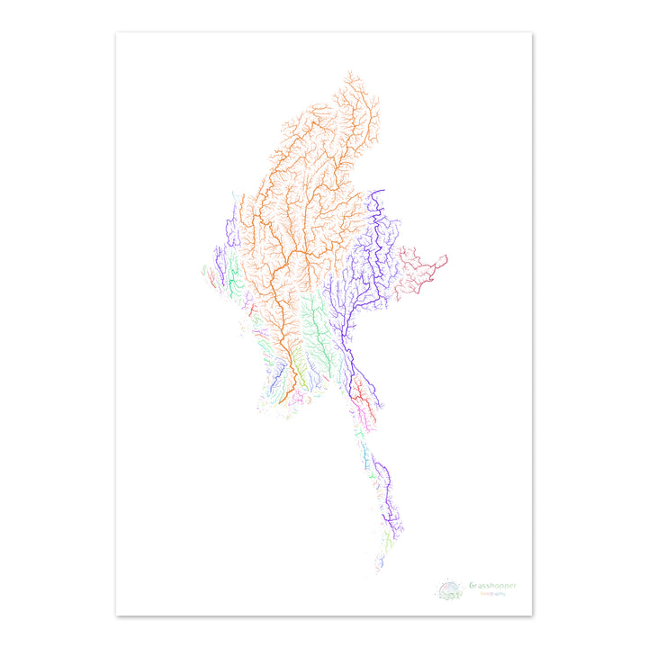 Myanmar - River basin map, rainbow on white - - Fine Art Print