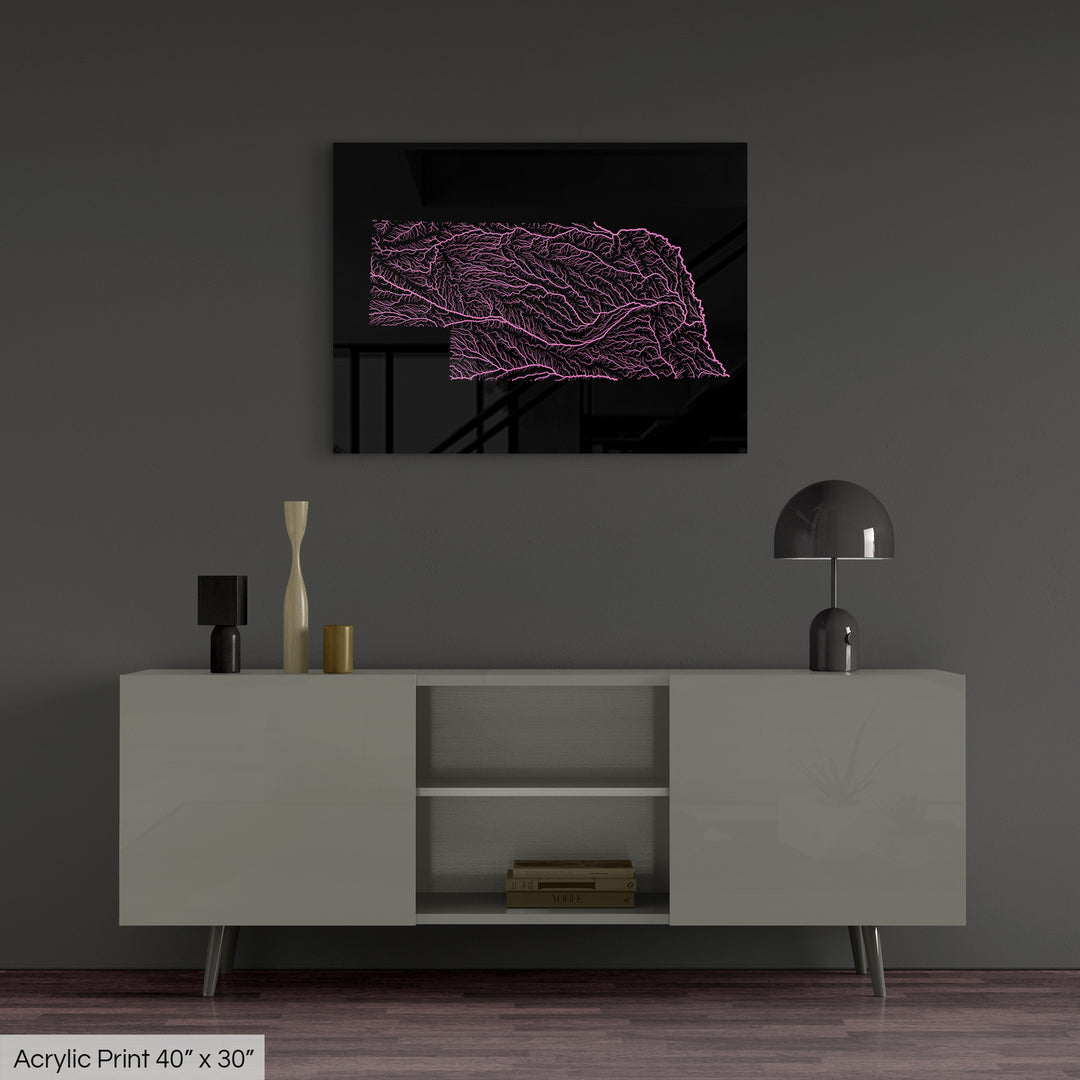 Nebraska - River basin map, rainbow colours - Wall Art