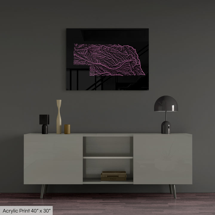 Nebraska - River basin map, rainbow colours - Wall Art