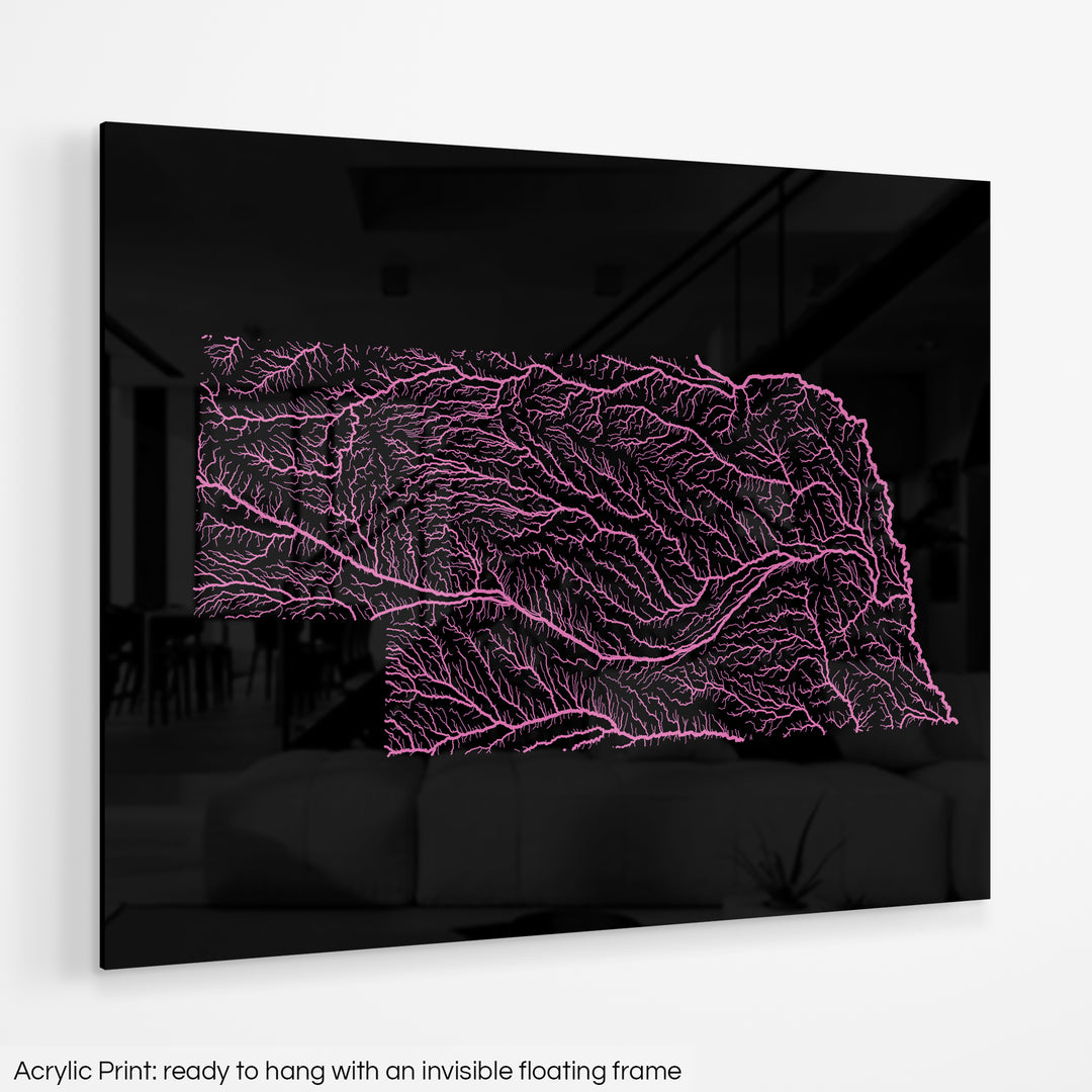 Nebraska - River basin map, rainbow colours - Wall Art