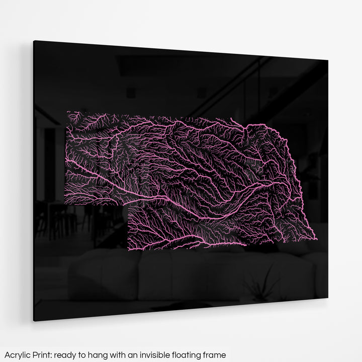 Nebraska - River basin map, rainbow colours - Wall Art