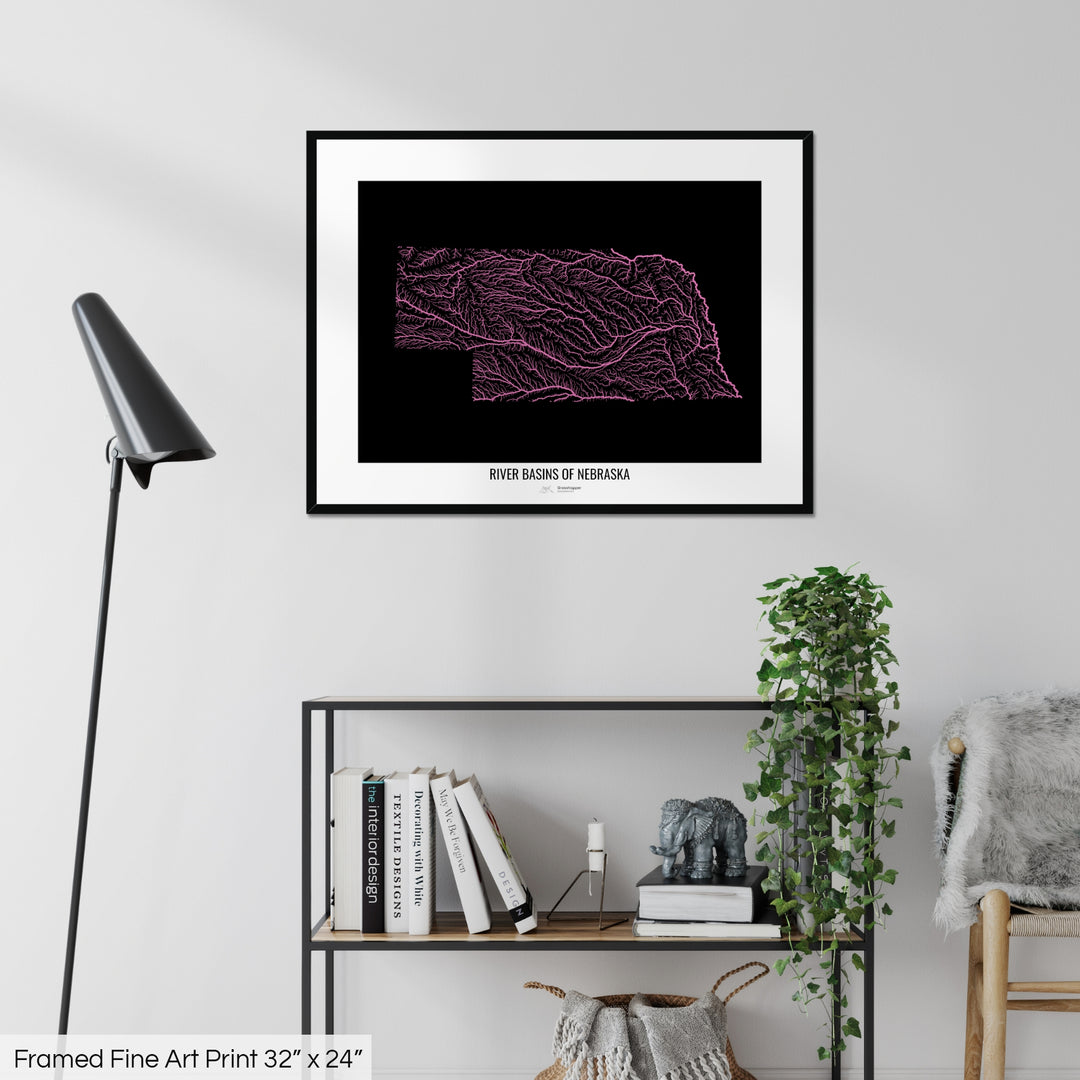 Nebraska - River basin map, rainbow colours - Wall Art