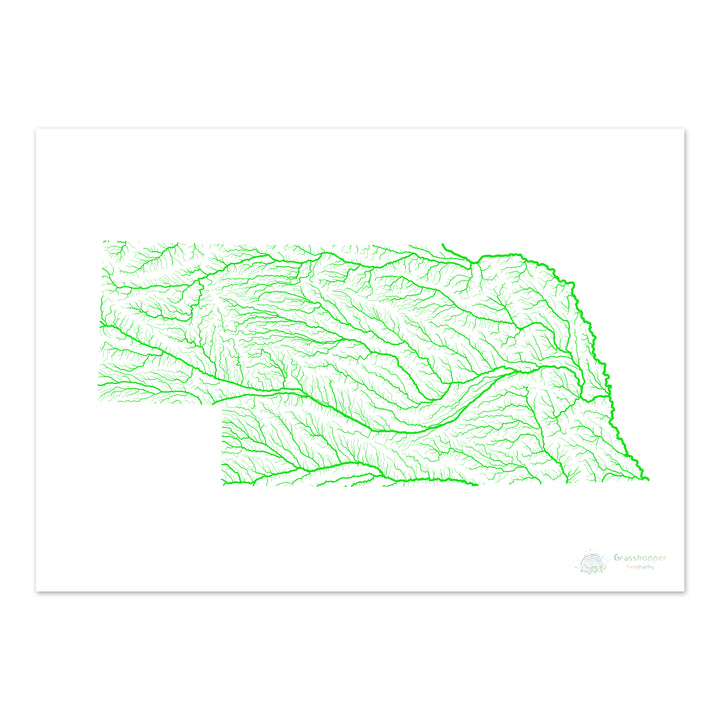 River basin map of Nebraska, rainbow colours on white Fine Art Print