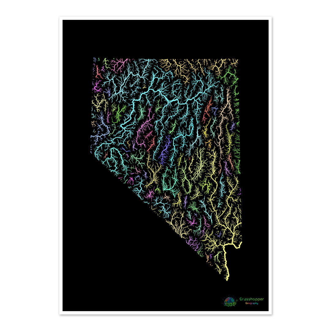 River basin map of Nevada, pastel colours on black - Fine Art Print