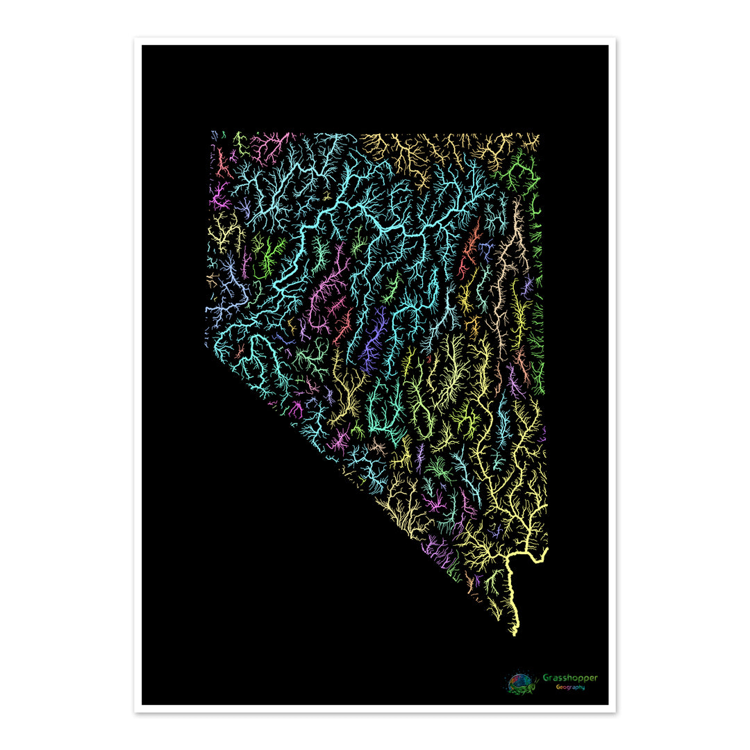 Nevada - Flussgebietskarte, Pastell auf Schwarz - Fine Art Print