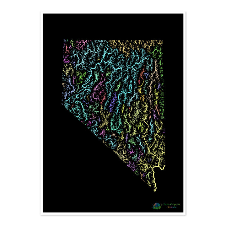 Nevada - Flussgebietskarte, Pastell auf Schwarz - Fine Art Print