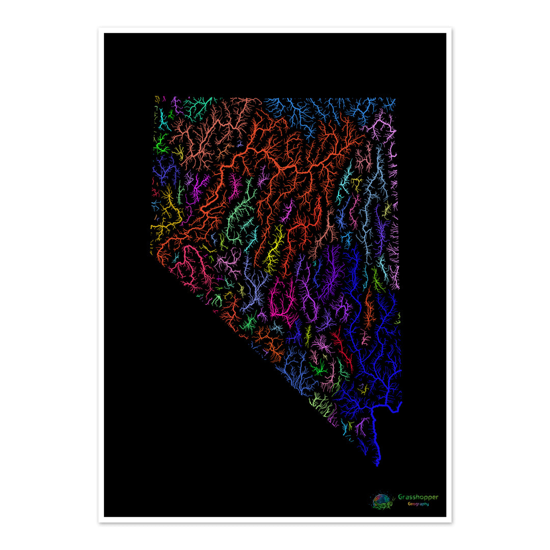 Nevada - Carte des bassins fluviaux, arc-en-ciel sur noir - Fine Art Print