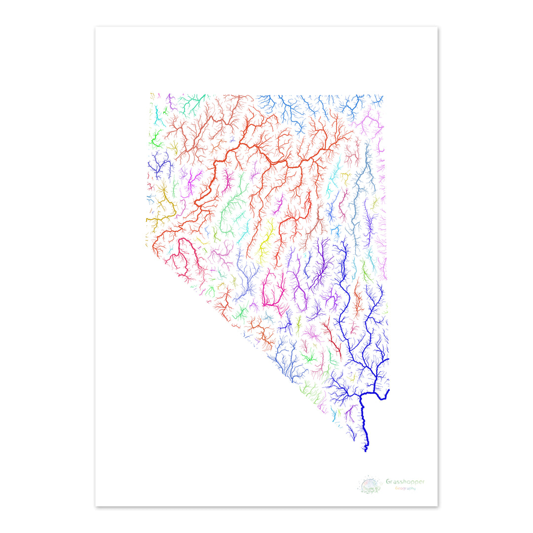 Nevada - Mapa de la cuenca fluvial, arco iris sobre blanco - Impresión de Bellas Artes