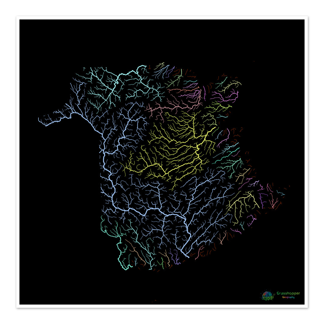 Nouveau-Brunswick - Carte des bassins fluviaux, pastel sur noir - Tirage d'art