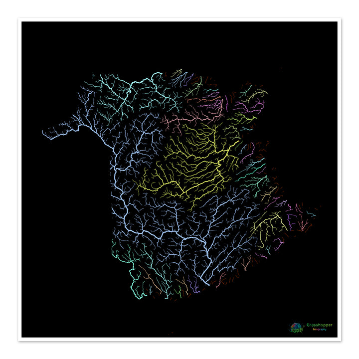 Nouveau-Brunswick - Carte des bassins fluviaux, pastel sur noir - Tirage d'art