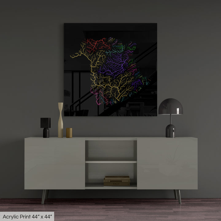 New Brunswick - River basin map, rainbow colours - Wall Art