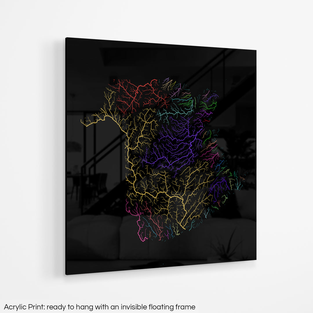 New Brunswick - River basin map, rainbow colours - Wall Art