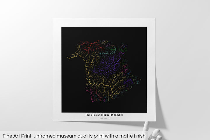 New Brunswick - River basin map, rainbow colours - Wall Art
