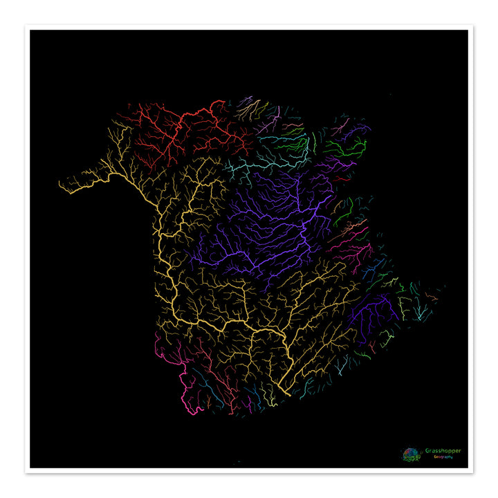 River basin map of New Brunswick, rainbow colours on black - Fine Art Print