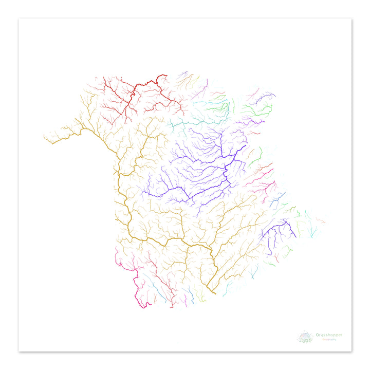 Nuevo Brunswick - Mapa de la cuenca fluvial, arco iris sobre blanco - Impresión de bellas artes