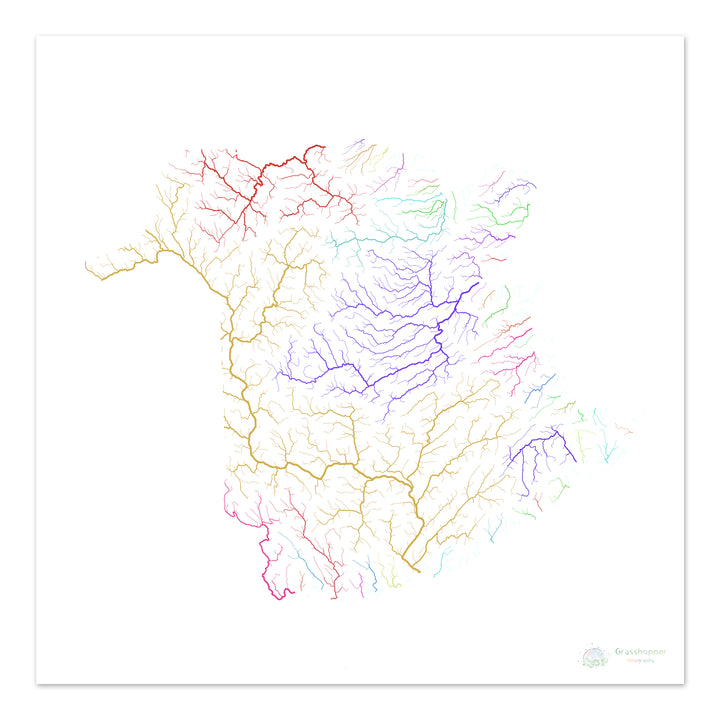 Nouveau-Brunswick - Carte du bassin fluvial, arc-en-ciel sur blanc - Tirage d'art