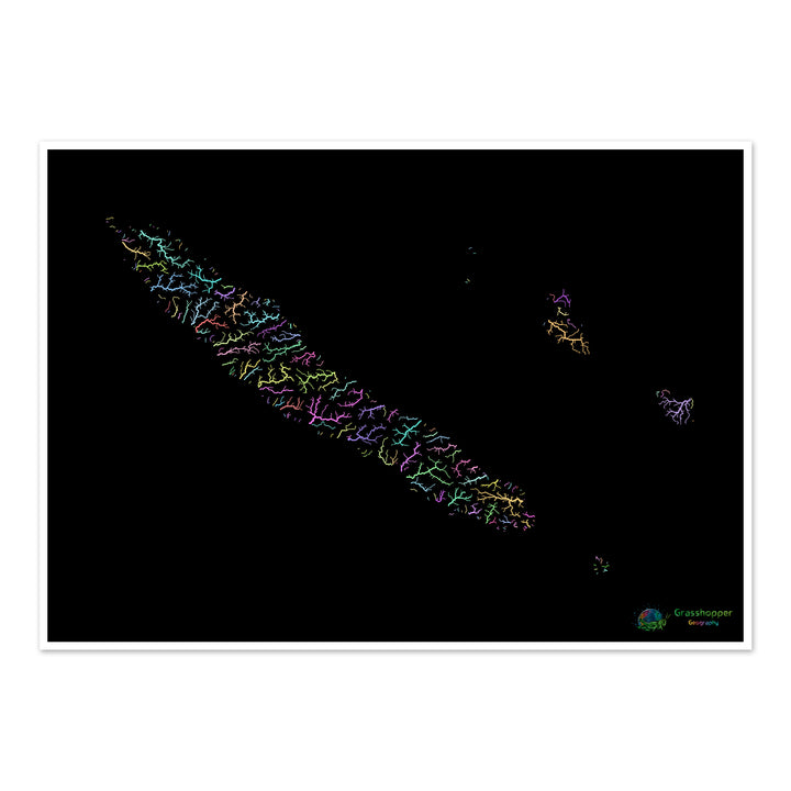 Nouvelle-Calédonie - Carte des bassins fluviaux, pastel sur noir - Fine Art Print