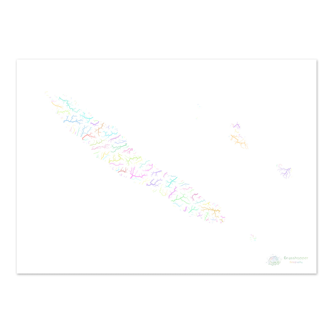 River basin map of New Caledonia, pastel colours on white - Fine Art Print
