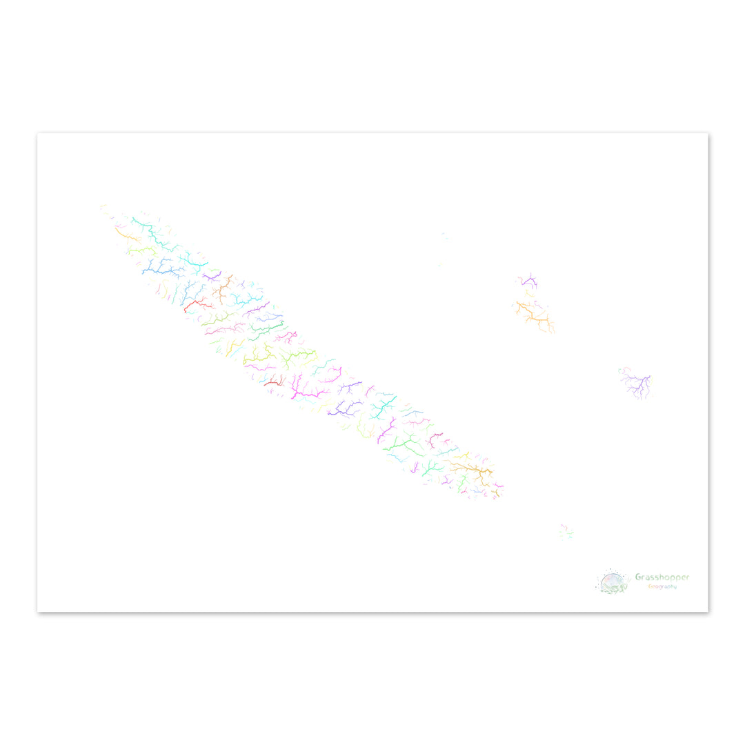 Nouvelle-Calédonie - Carte des bassins fluviaux, pastel sur blanc - Fine Art Print