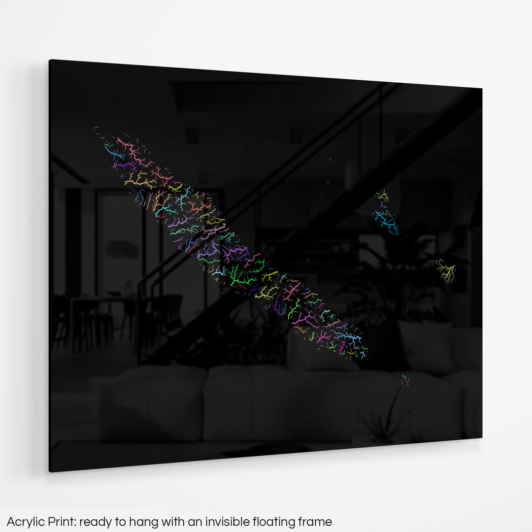 New Caledonia - River basin map, rainbow colours - Wall Art