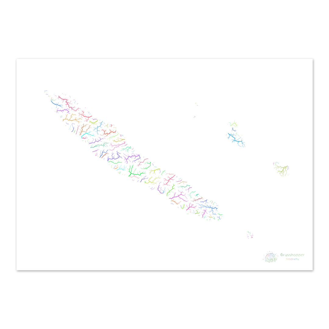 Nueva Caledonia - Mapa de la cuenca fluvial, arco iris sobre blanco - Impresión de Bellas Artes