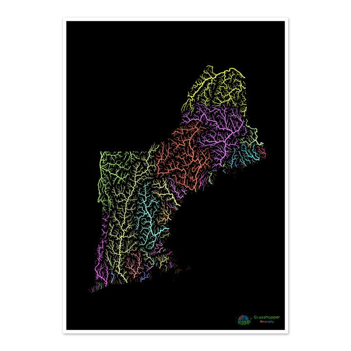 New England - River basin map, pastel on black - Fine Art Print