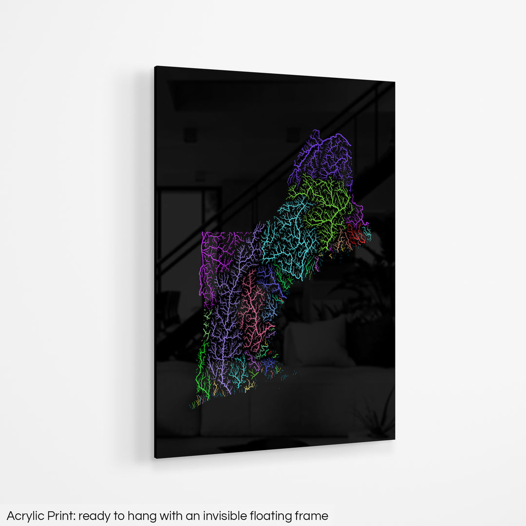 New England - River basin map, rainbow colours - Wall Art