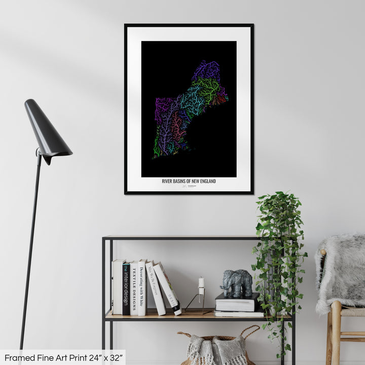 New England - River basin map, rainbow colours - Wall Art