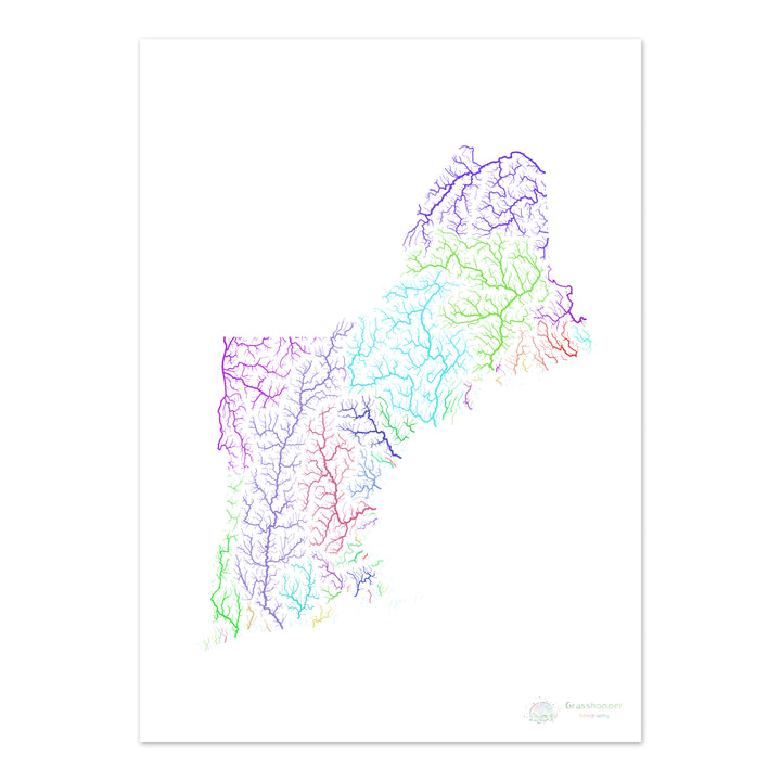 Nouvelle-Angleterre - Carte des bassins fluviaux, arc-en-ciel sur blanc - Fine Art Print