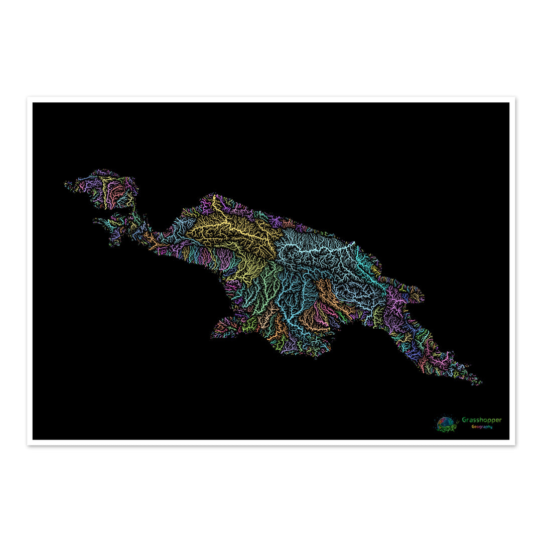 Nouvelle-Guinée - Carte des bassins fluviaux, pastel sur noir - Fine Art Print