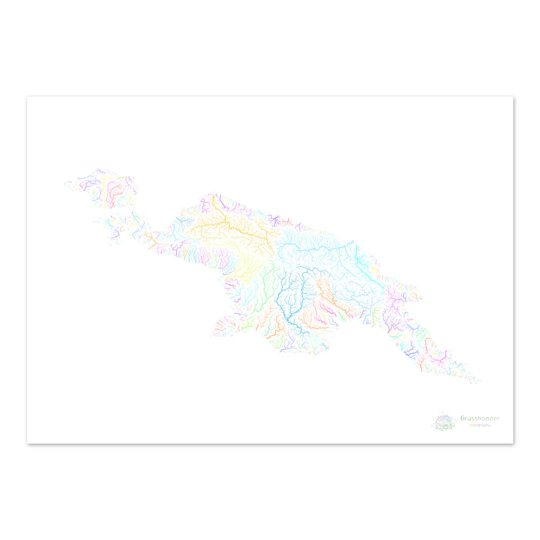 River basin map of New Guinea, pastel colours on white - Fine Art Print