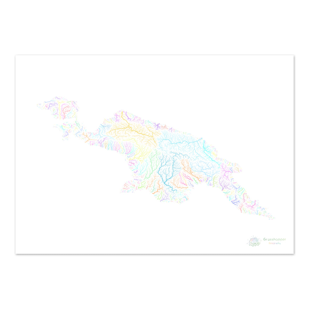 Nova Guiné - Mapa da bacia hidrográfica, pastel sobre branco - Impressão de belas artes