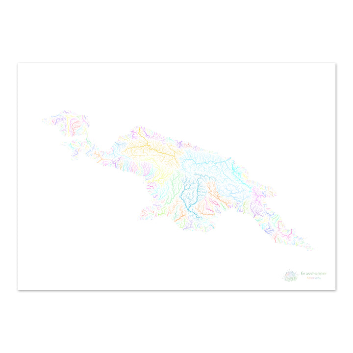 Nova Guiné - Mapa da bacia hidrográfica, pastel sobre branco - Impressão de belas artes