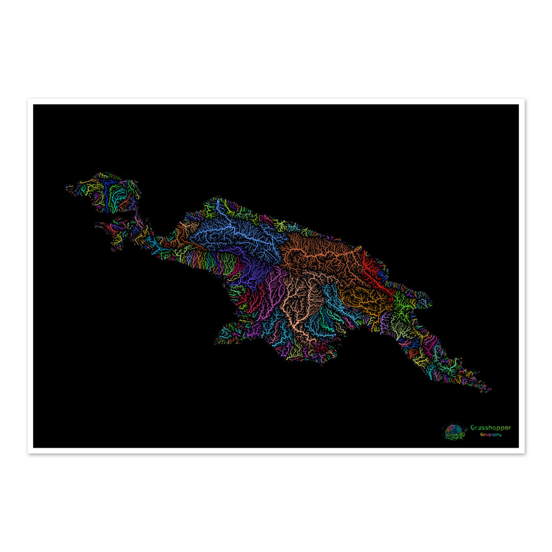 River basin map of New Guinea, rainbow colours on black - Fine Art Print