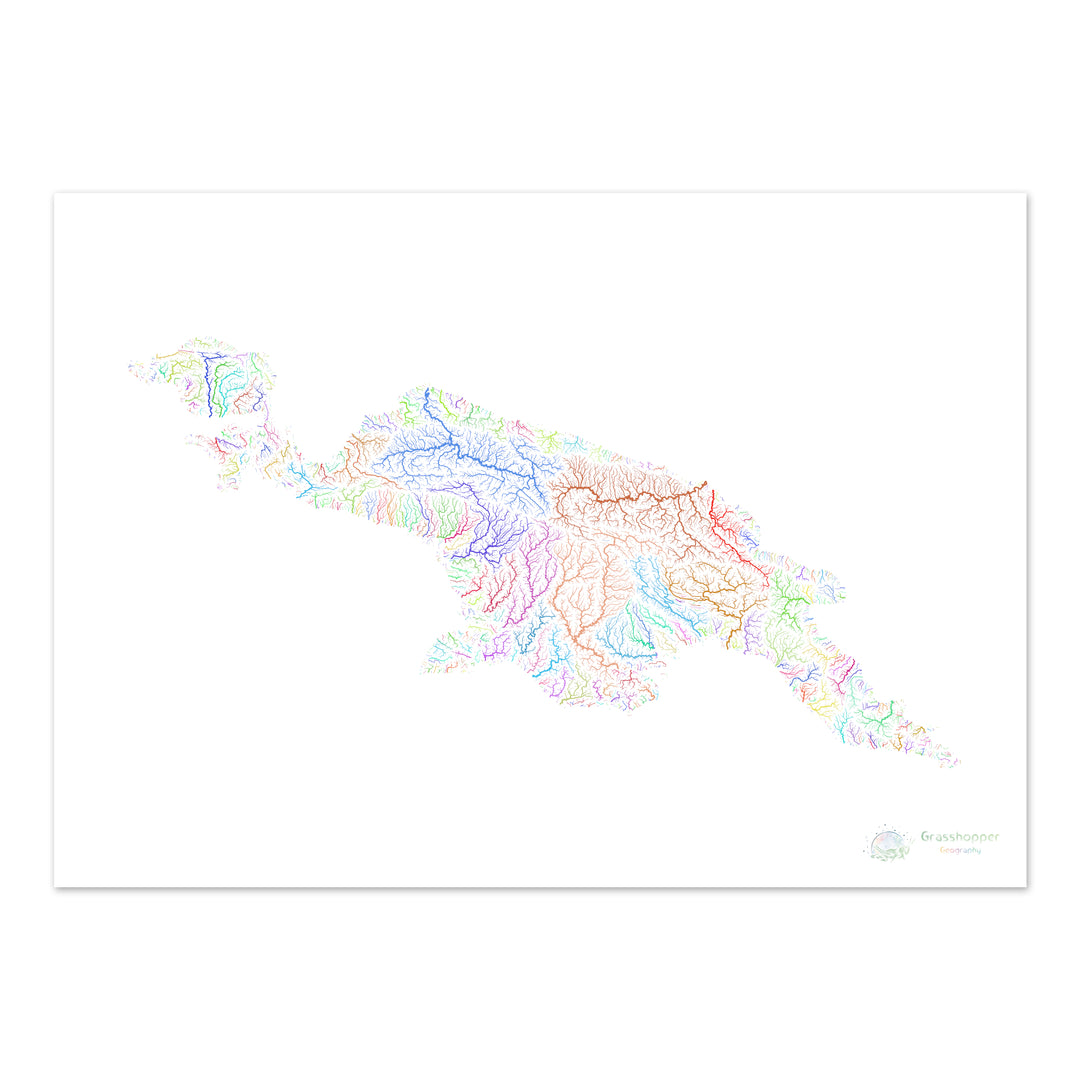 Nouvelle-Guinée - Carte des bassins fluviaux, arc-en-ciel sur blanc - Fine Art Print