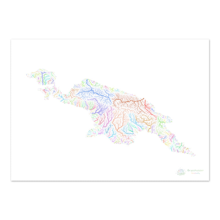 Nueva Guinea - Mapa de la cuenca fluvial, arco iris sobre blanco - Impresión de Bellas Artes