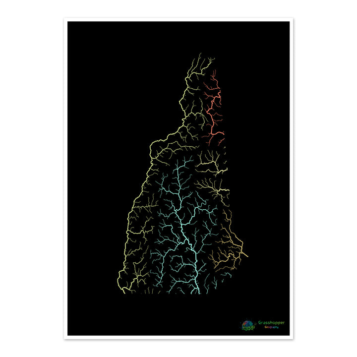 New Hampshire - Flussgebietskarte, Pastell auf Schwarz - Fine Art Print